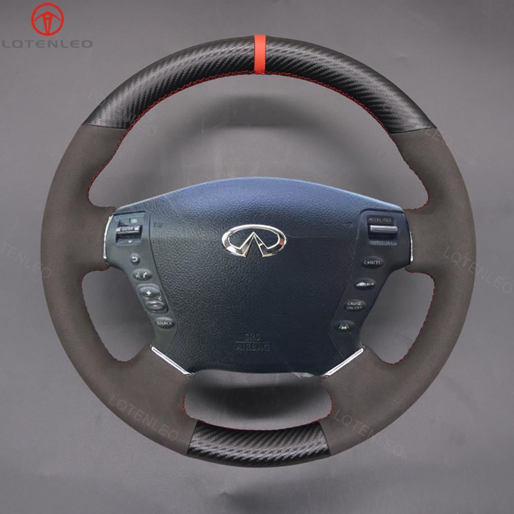 LQTENLEO Black Carbon Fiber Leather Suede Hand-stitched Car Steering Wheel Cover for Nissan Fuga Cima 2002-2008 Infiniti M35 2006-2010