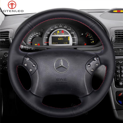 LQTENLEO Black Carbon Fiber Leather Suede Hand-stitched Car Steering Wheel Cover for Mercedes Benz C-Class W203 / C32 AMG