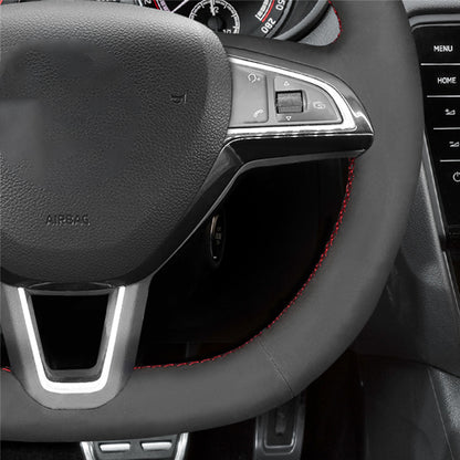 LQTENLEO Carbon Fiber Leather Suede Hand-stitched Car Steering Wheel Cover for Skoda Octavia Fabia Kodiaq Citigo Superb Scala