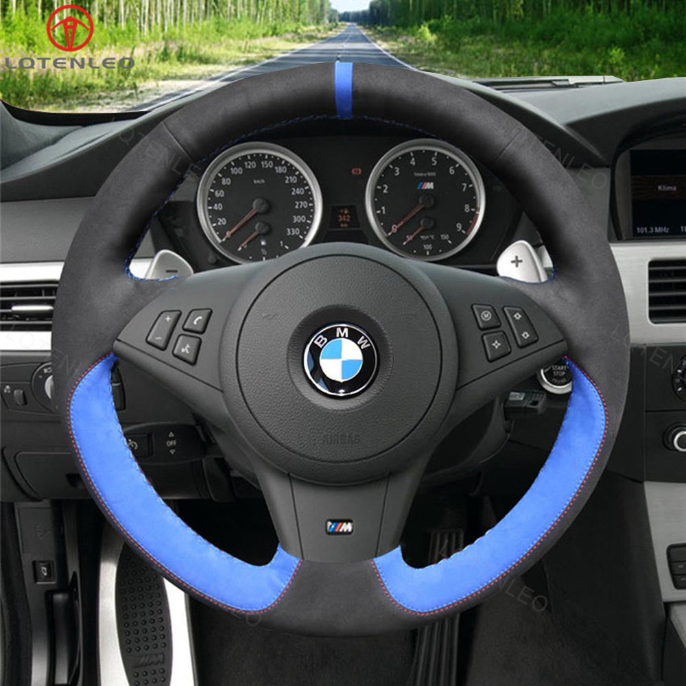 LQTENLEO Black Leather Suede Hand-stitched Car Steering Wheel Cover for BMW 5 Series E60 E61 2003-2010 / 6 Series E63 E64 2004-2009
