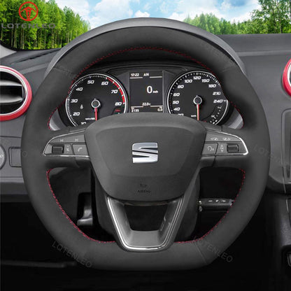LQTENLEO Carbon Fiber Genuine Leather Suede Hand-stitched Car Steering Wheel Cove for SEAT Leon (5F)/ Ibiza (6F)/ Alhambra (7N)/ Arona/ Ateca/ Tarraco/ Toledo