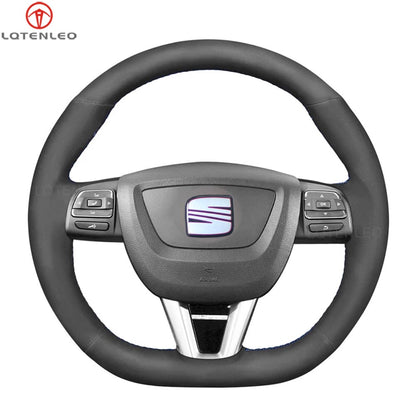 LQTENLEO Black Leather Suede Hand-stitched Soft Car Steering Wheel Cover for Seat Leon Cupra 2008-2012 Toledo Alhambra 2010-2015 Altea 2008-2011