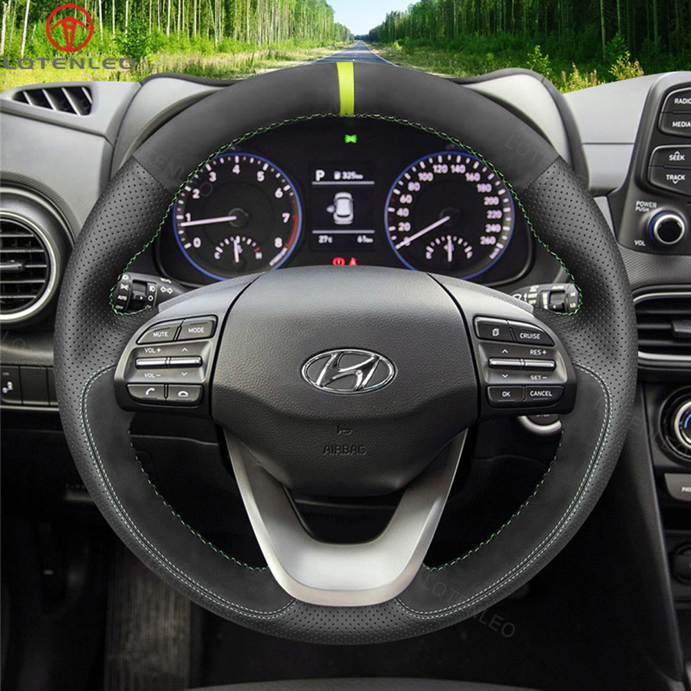 LQTENLEO Black Carbon Fiber Leather Suede Hand-stitched Car Steering Wheel Cove for Hyundai Kona 2017-2023