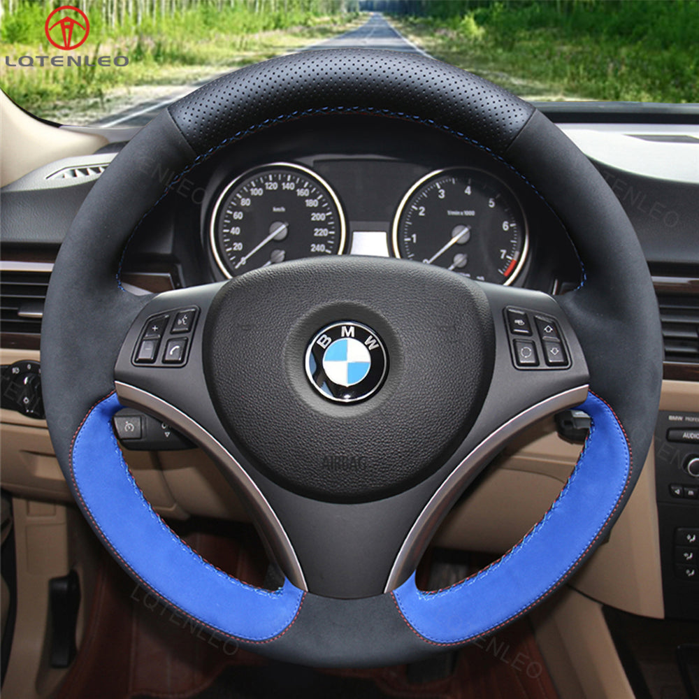 LQTENELO Black Genuine Leather Suede Hand-stitched Car Steering Wheel Cover for BMW 1 Series E81 E82 E87 E88 2008-2012 / 3 Series E90 E91 E92 E93 2006-2011