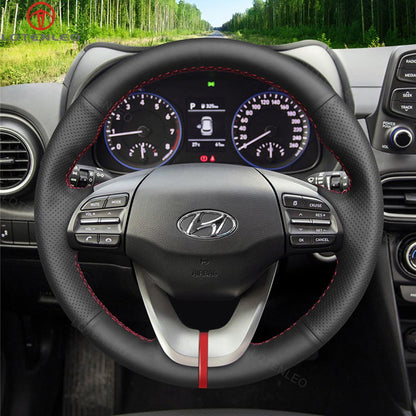LQTENLEO Black Carbon Fiber Leather Suede Hand-stitched Car Steering Wheel Cover for Hyundai Veloster 2019 / i30 2017-2019 / Elantra 2019