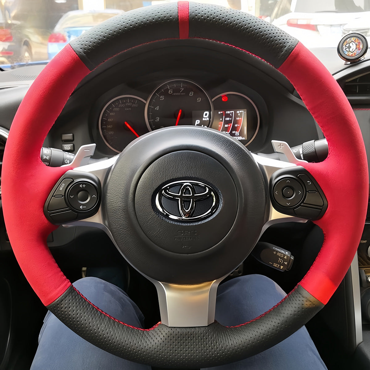 Black Suede Steering Wheel Stitch-On Wrap W/ Red Stitching – Fits Toyota 86 & Subaru BRZ