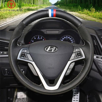 LQTENLEO Carbon Fiber Leather Suede Hand-stitiched Car Steering Wheel Cover for Hyundai Veloster 2011-2017
