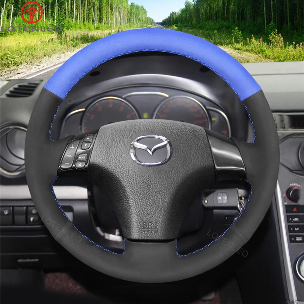 LQTENLEO Black Genuine Leather Suede Hand-stitched Car Steering Wheel Cover for Mazda 3 Axela Mazda 5 Mazda 6 Atenza Mazda MPV