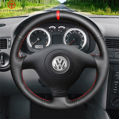 LQTENLEO Carbon Fiber Leather Suede Hand-stitched Car Steering Wheel Cover for Volkswagen VW Golf 4 Passat B5 Polo Bora Sharan for Seat Leon MK1 (1M) for Skoda Fabia 1 (6Y)