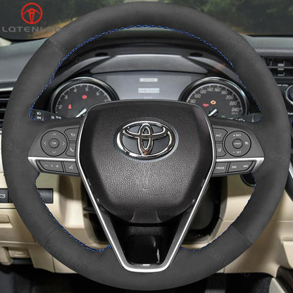 LQTENLEO Carbon Fiber Leather Suede Hand-stitched Car Steering for Toyota Camry Corolla RAV4 Avalon