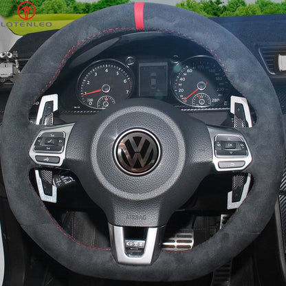LQTENLOE Alcantara Hand-stitched Car Steering Wheel Cover for Volkswagen VW Golf 6 Polo GTI Scirocco Tiguan (R-Line)