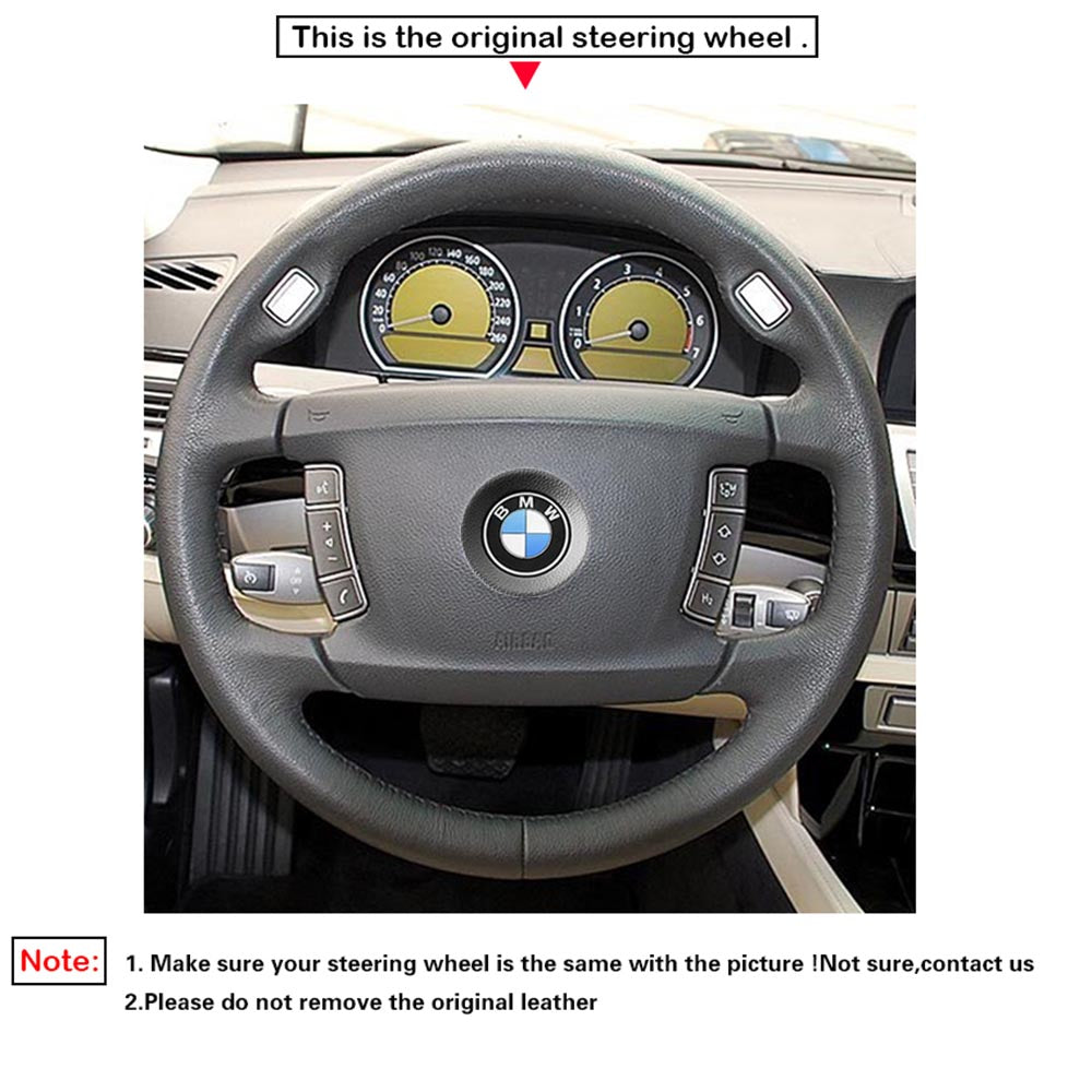 LQTENLEO Black Leather Suede Hand-stitched Car Steering Wheel Cover for BMW 7 Series E65 E66 E67 E68 2002-2008
