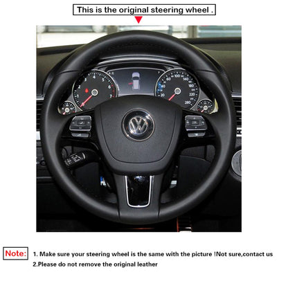LQTENLEO Black Leather Hand-stitched Car Steering Wheel Cover for Volkswagen VW Touareg 2010-2018