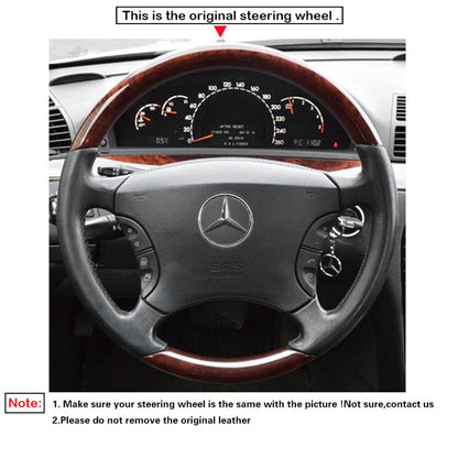 LQTENLEO Black Leather Suede Hand-stitched Soft Car Steering Wheel Cover for Mercedes Benz CL-Class C215 S-Class W220