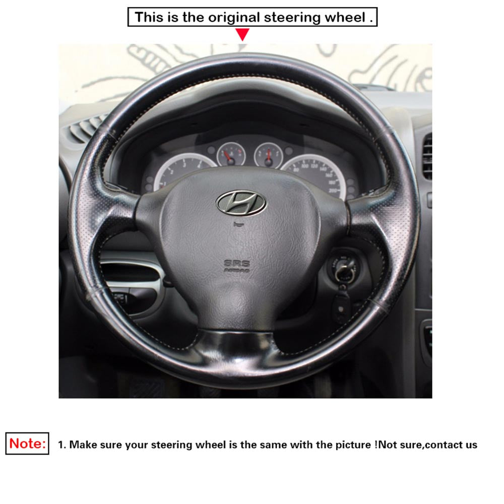 LQTENLEO Black Genuine Leather Hand-stitched Car Steering Wheel Cove for Hyundai Santa Fe 2000-2006