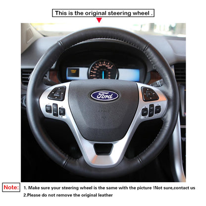 LQTENLEO Black Genuine Leather Suede Hand-stitched Car Steering Wheel Cove for Ford Edge / Explorer / Flex / Taurus