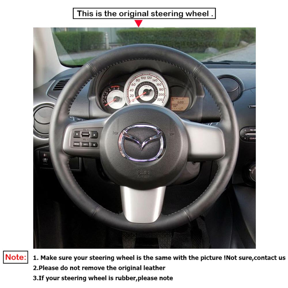 LQTENLEO Black Leather Suede Hand-stitched Car Steering Wheel Cover for Mazda 2 2008-2014