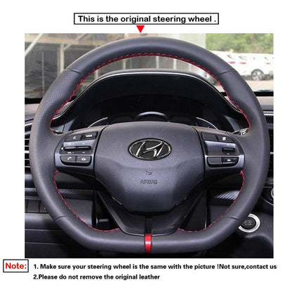 LQTENLEO Black Genuine Leather DIY Hand-stitched Car Steering Wheel Cove for Hyundai Ioniq / Elantra VI (Sport|SR Turbo)