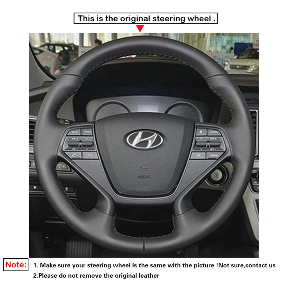 LQTENLEO Black Genuine Leather Hand-stitched Car Steering Wheel Cover for Hyundai Sonata (4-Spoke)