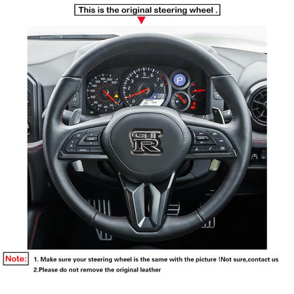 LQTENLEO Black Genuine Leather Suede Hand-stitched Car Steering Wheel Cover for Nissan GT-R GTR 2017-2024