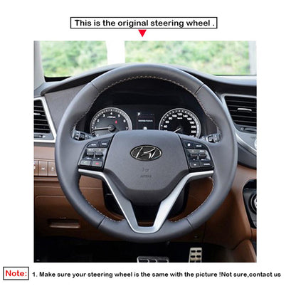 LQTENLEO Black Leather Suede DIY Hand-stitched Car Steering Wheel Cover for Hyundai Tucson III 2015-2021