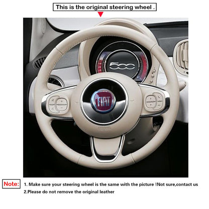 LQTENLEO Beige Leather Hand-stitched Car Steering Wheel Cover for Fiat 500 2015-2021 / 500C 2016-2021