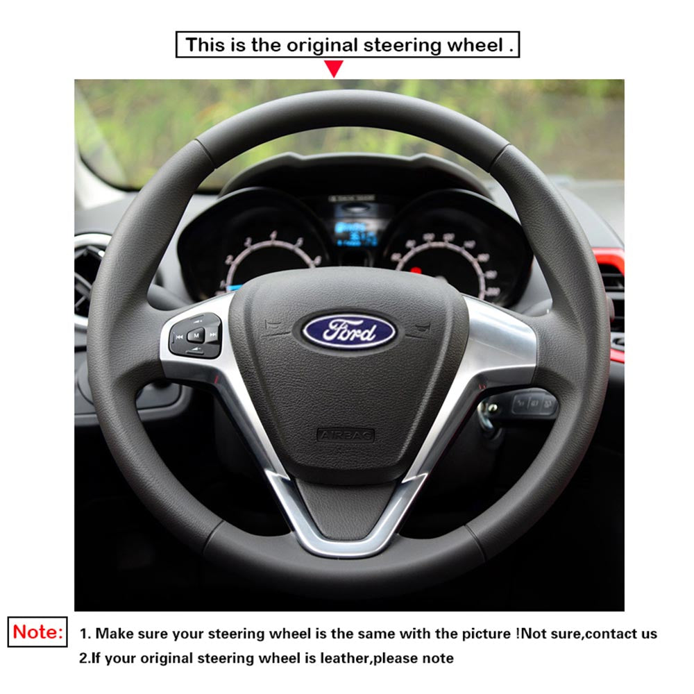LQTENLEO Black Suede Red Marker Hand-stitched Car Steering Wheel Cover for Ford Fiesta VI/ Fiesta VII/ Ecosport/ B-MAX/ Ka (Ka+)/ Tourneo Courier/ Transit Courier