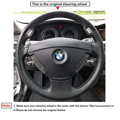 LQTENLEO Black Leather Suede Hand-stitched Car Steering Wheel Cover for BMW 7 Series (E65/E66) 2001-2008