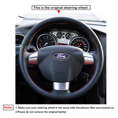 LQTENLEO Black Leather Hand-stitched Car Steering Wheel Cover for Ford Focus 2005-2011 Focus CC 2007-2011 (3-Spoke)