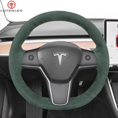 LQTENLEO Alcantara Carbon Fiber Leather Suede Hand-stitched Car Steering Wheel Cover for Tesla Model 3 2017-2020 / Model Y 2020-2021