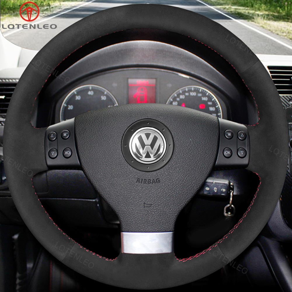 LQTENLEO Carbon Fiber Leather Suede Hand-stitched Car Steering Wheel Cover for Volkswagen VW Golf 5 Polo Jetta Passat Touran Caddy EOS