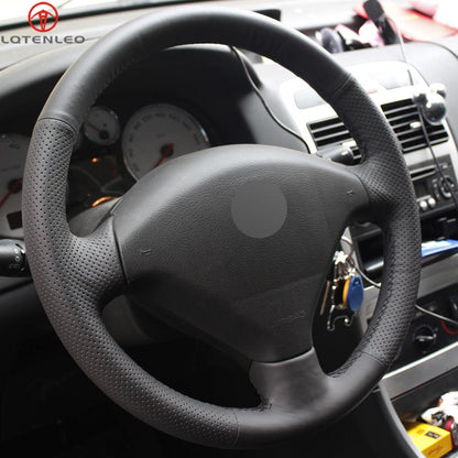 LQTENLEO Black Leather Suede Hand-stitched No-slip Car Steering Wheel Cover for Peugeot 307 / 307 SW