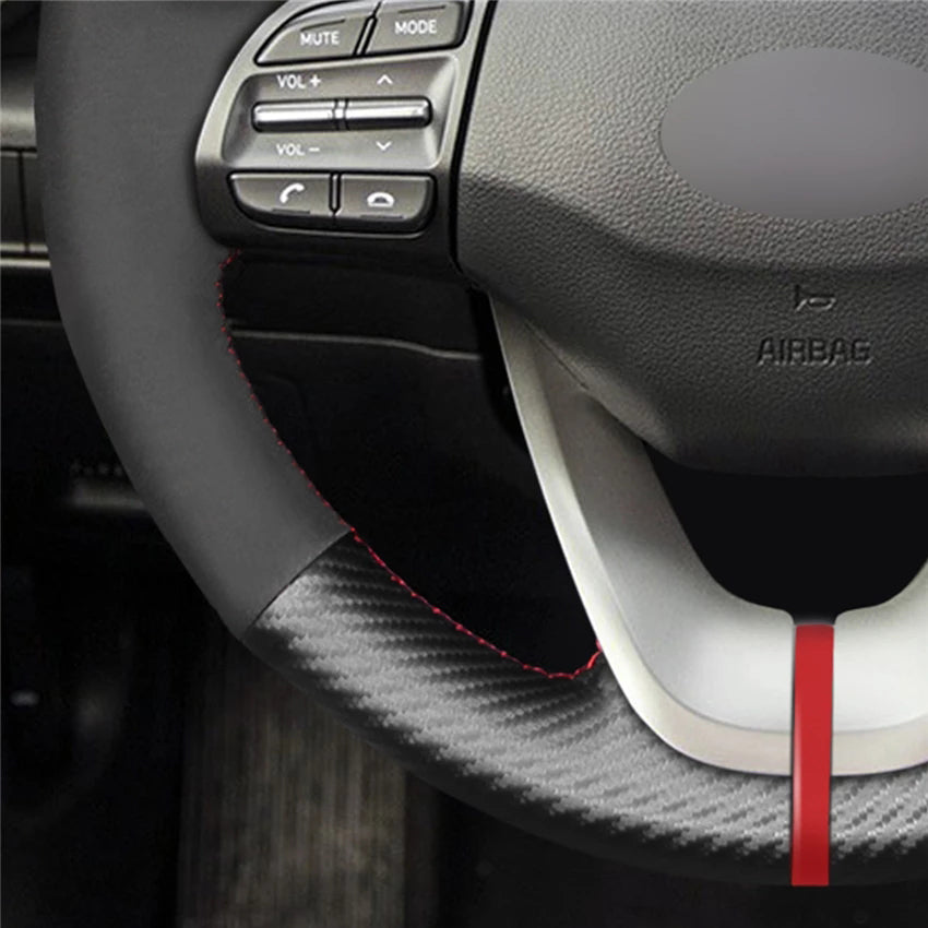 LQTENLEO Black Carbon Fiber Leather Suede Hand-stitched Car Steering Wheel Cover for Hyundai Veloster 2019 / i30 2017-2019 / Elantra 2019