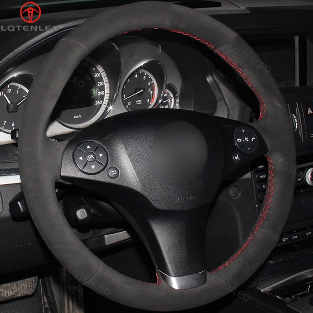 LQTENLEO Black Leather Suede Hand-stitched Car Steering Wheel Cover for Mercedes Benz C-Class W204 2008-2011 / GLK X204 2010-2012