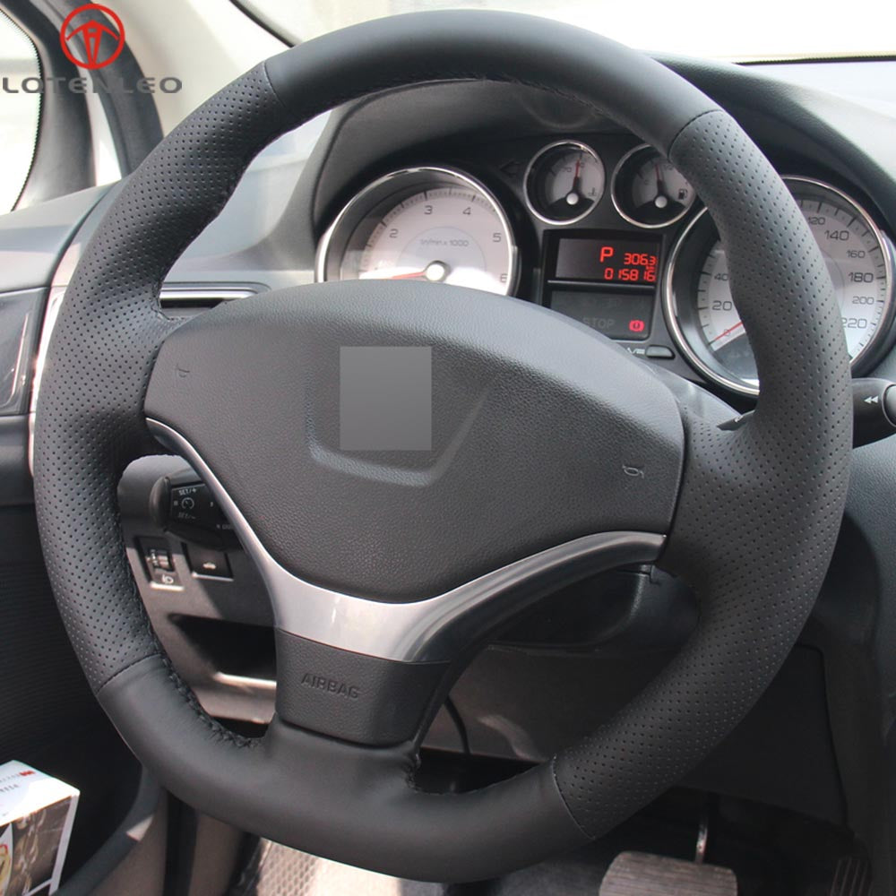 LQTENLEO Black Genuine Leather Suede Hand-stitched Car Steering Wheel Cover for Peugeot 408 2013