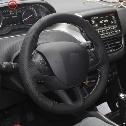LQTENLEO Black Genuine Leather Suede Hand-stitched Car Steering Wheel Cover for Peugeot 208 2011 2012-2019 Peugeot 2008 2013 2014 2015 2016-2019